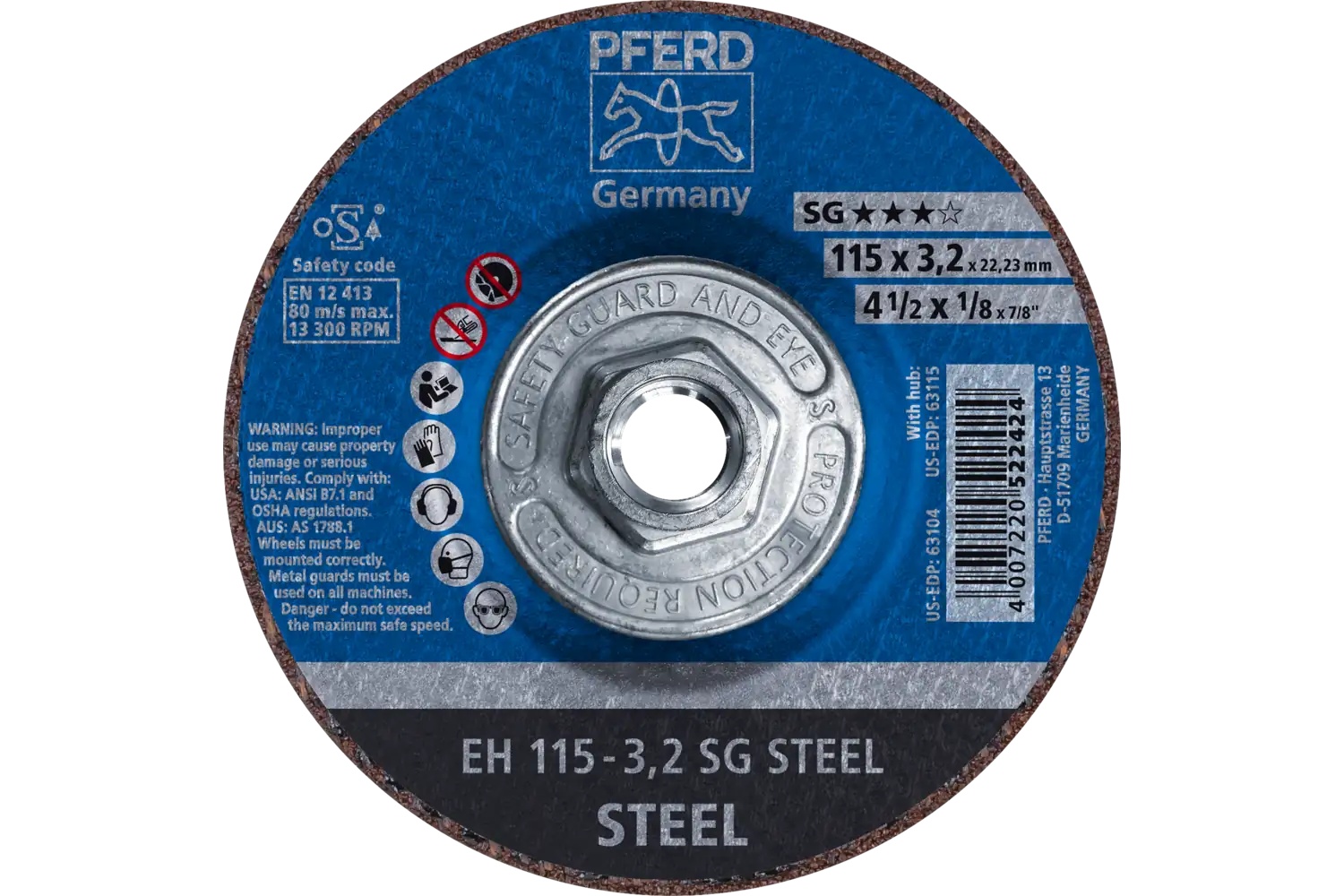 Picture of Pferd Cut-Off Wheel, 4-1/2" X 1/8 X 5/8-11, Sg Steel, T27, Aluminum Oxide